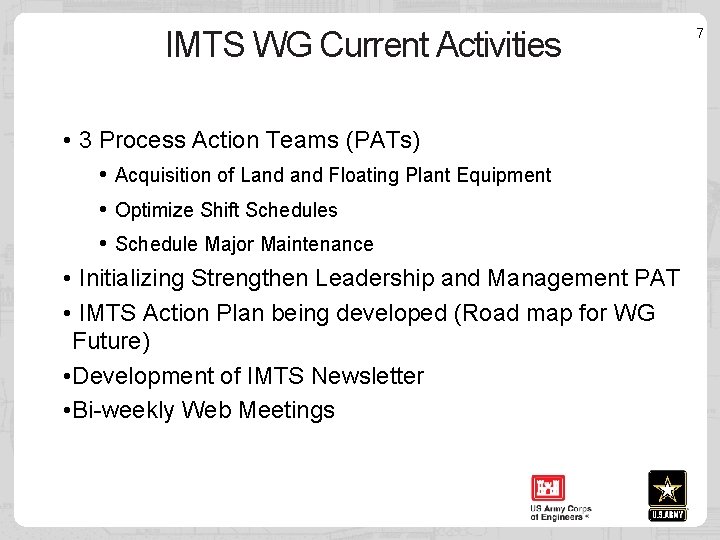 IMTS WG Current Activities • 3 Process Action Teams (PATs) • Acquisition of Land