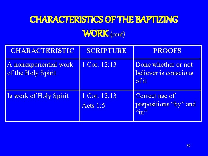 CHARACTERISTICS OF THE BAPTIZING WORK (cont) CHARACTERISTIC SCRIPTURE PROOFS A nonexperiential work of the