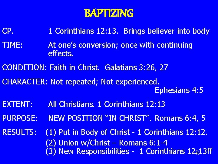 BAPTIZING CP. 1 Corinthians 12: 13. Brings believer into body TIME: At one’s conversion;