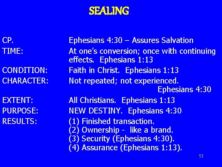 SEALING CP. TIME: CONDITION: CHARACTER: EXTENT: PURPOSE: RESULTS: Ephesians 4: 30 – Assures Salvation