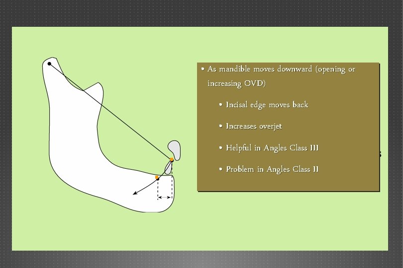  • As mandible moves downward (opening or increasing OVD) • Incisal edge moves