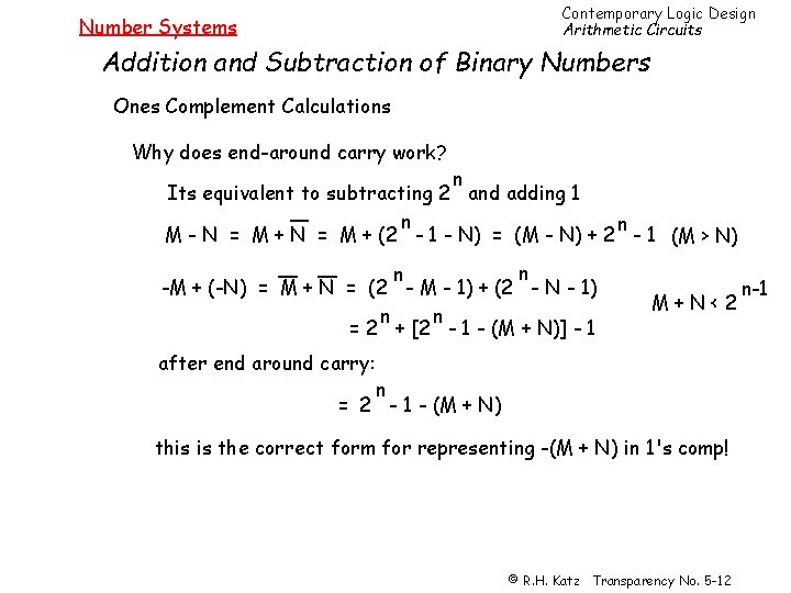 Contemporary Logic Design Arithmetic Circuits Number Systems Addition and Subtraction of Binary Numbers Ones