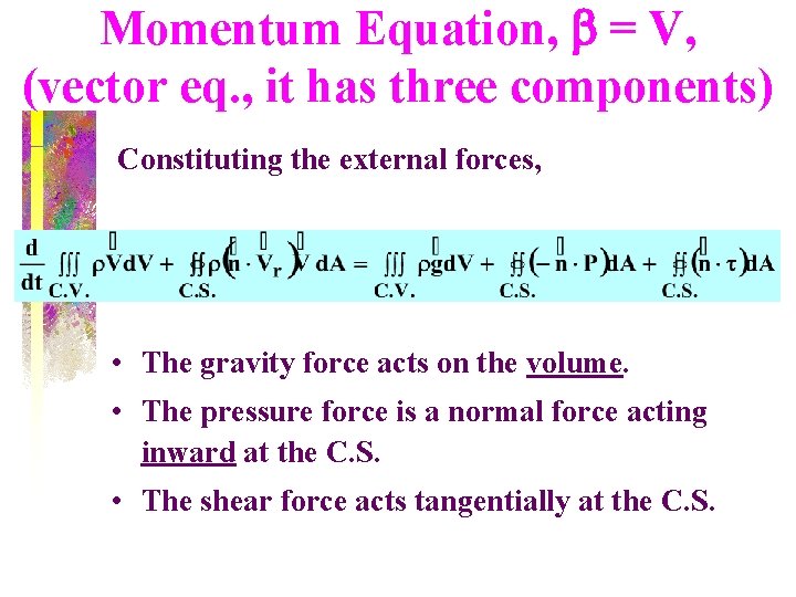 Momentum Equation, b = V, (vector eq. , it has three components) Constituting the