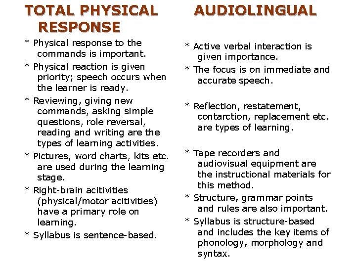 TOTAL PHYSICAL RESPONSE * Physical response to the commands is important. * Physical reaction