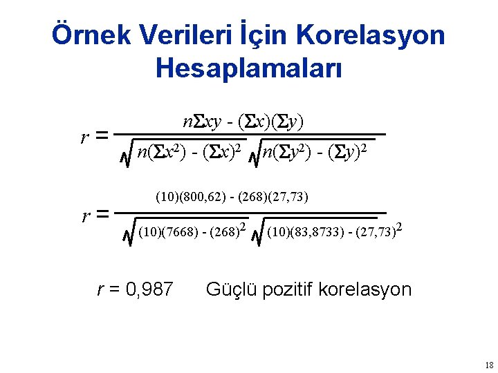 Örnek Verileri İçin Korelasyon Hesaplamaları r= r= n xy - ( x)( y) n(