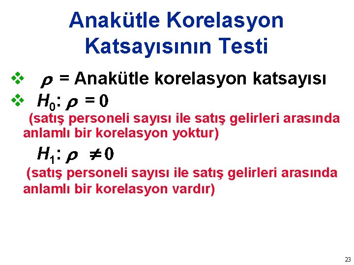 Anakütle Korelasyon Katsayısının Testi v = Anakütle korelasyon katsayısı v H 0: = (satış