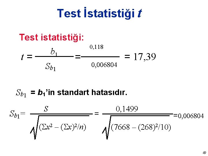Test İstatistiği t Test istatistiği: b 1 t= Sb 1 = 0, 118 0,