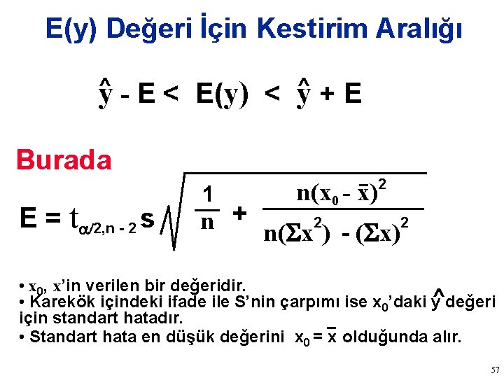 E(y) Değeri İçin Kestirim Aralığı ^ y ^ +E - E < E(y) <