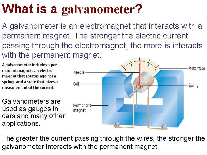 What is a galvanometer? A galvanometer is an electromagnet that interacts with a permanent