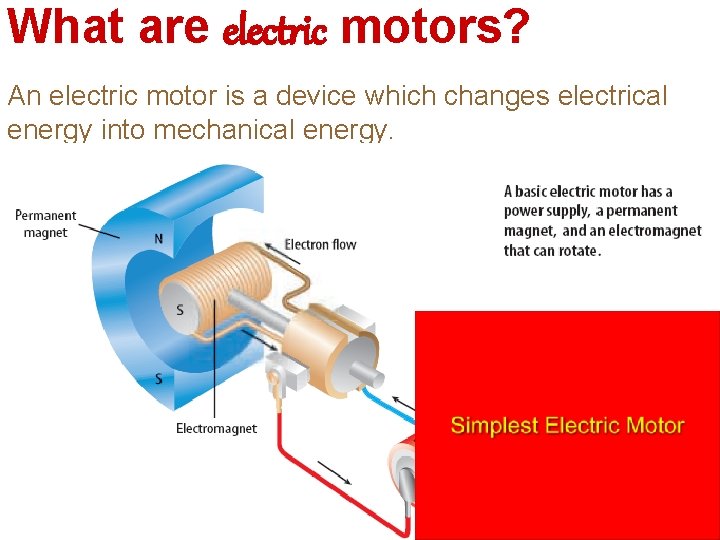 What are electric motors? An electric motor is a device which changes electrical energy