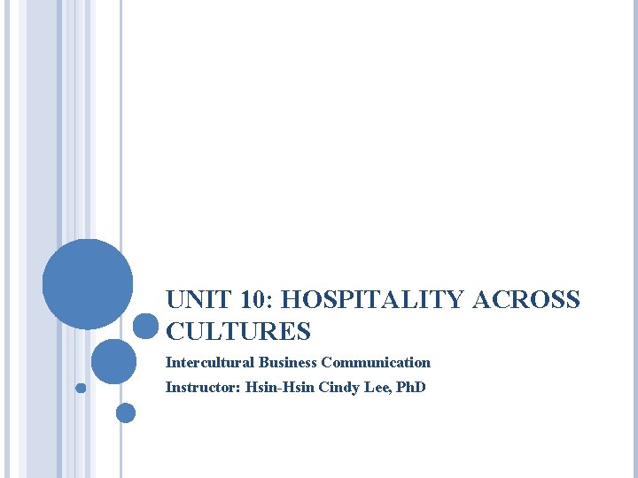 UNIT 10: HOSPITALITY ACROSS CULTURES Intercultural Business Communication Instructor: Hsin-Hsin Cindy Lee, Ph. D