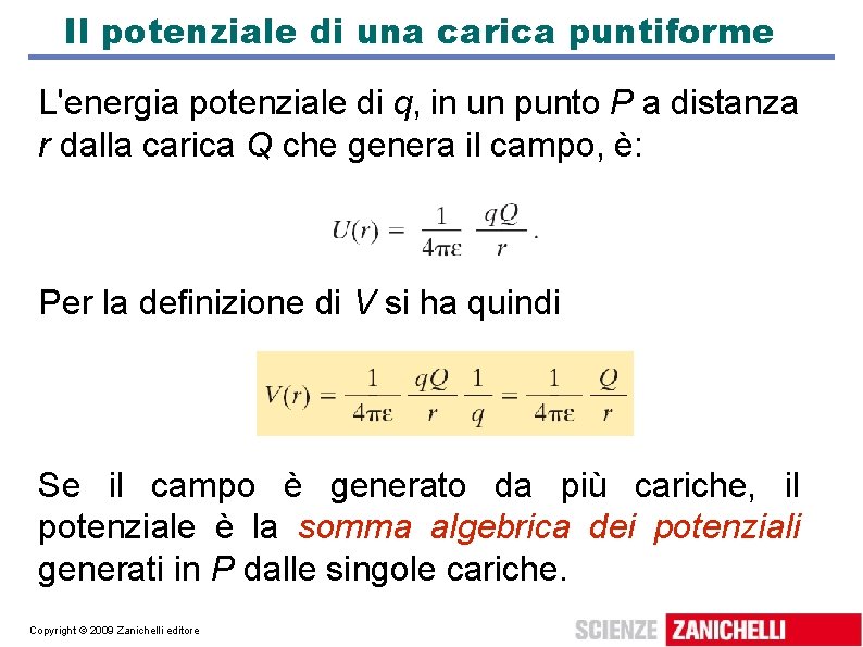 Il potenziale di una carica puntiforme L'energia potenziale di q, in un punto P