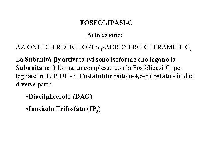  FOSFOLIPASI-C Attivazione: AZIONE DEI RECETTORI a 1 -ADRENERGICI TRAMITE Gq La Subunità-bg attivata