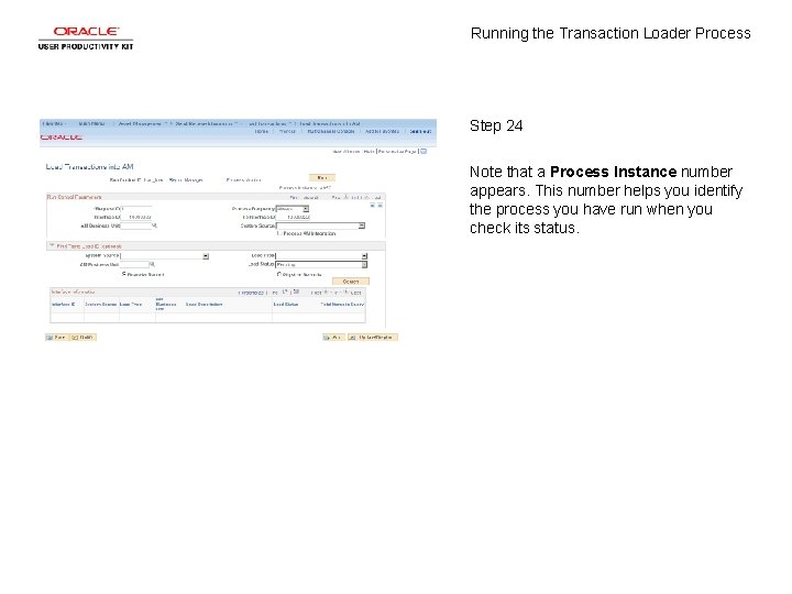 Running the Transaction Loader Process Step 24 Note that a Process Instance number appears.