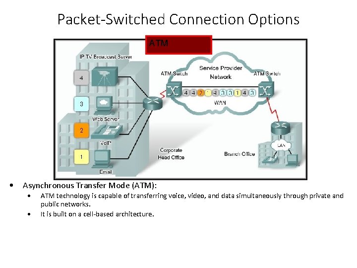 Packet-Switched Connection Options ATM • Asynchronous Transfer Mode (ATM): • • ATM technology is
