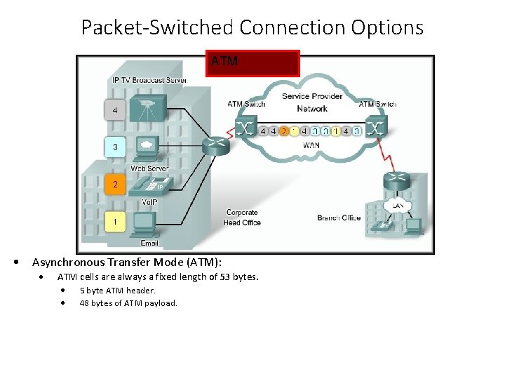 Packet-Switched Connection Options ATM • Asynchronous Transfer Mode (ATM): • ATM cells are always