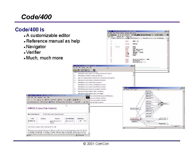 Code/400 is A customizable editor l Reference manual as help l Navigator l Verifier