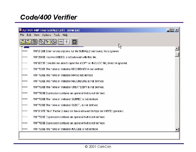 Code/400 Verifier © 2001 Com. Con 