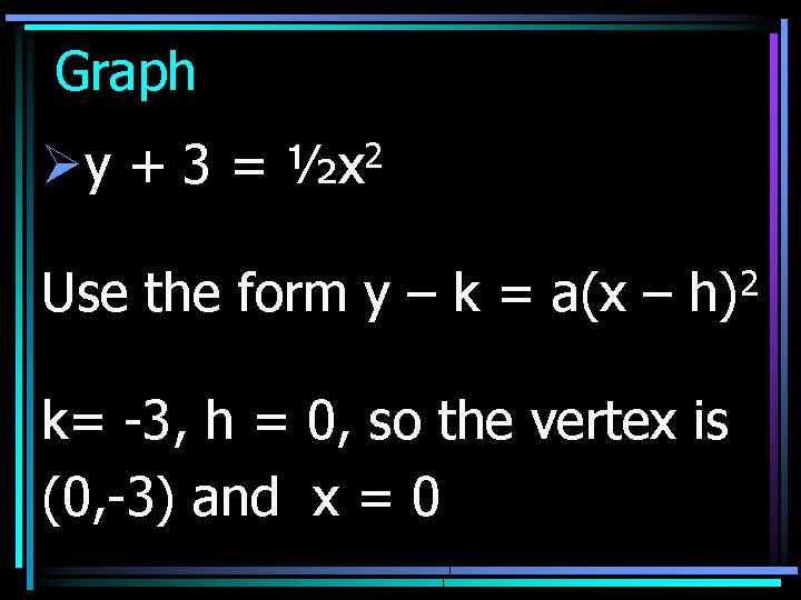 Graph Øy + 3 = 2 ½x Use the form y – k =