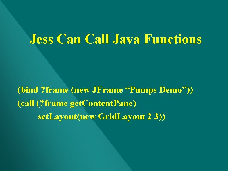 Jess Can Call Java Functions (bind ? frame (new JFrame “Pumps Demo”)) (call (? Jess Can Call Java Functions (bind ? frame (new JFrame “Pumps Demo”)) (call (?