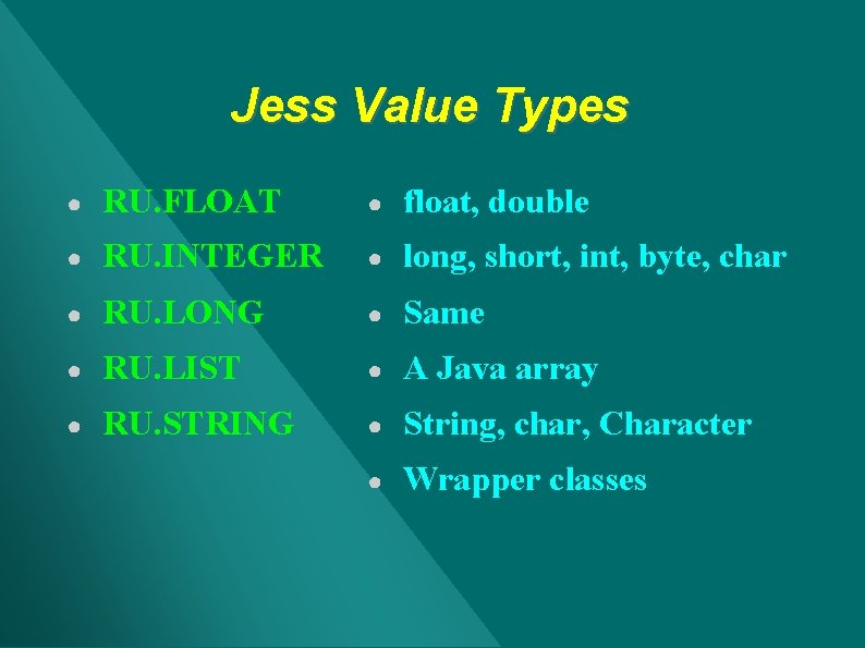 Jess Value Types ● RU. FLOAT ● float, double ● RU. INTEGER ● long, Jess Value Types ● RU. FLOAT ● float, double ● RU. INTEGER ● long,