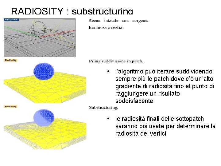 RADIOSITY : substructuring • l’algoritmo può iterare suddividendo sempre più le patch dove c’è