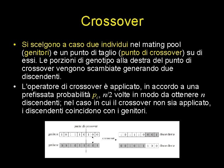 Crossover • Si scelgono a caso due individui nel mating pool (genitori) e un