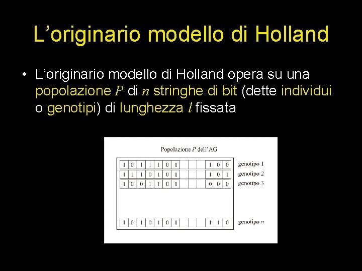 L’originario modello di Holland • L’originario modello di Holland opera su una popolazione P