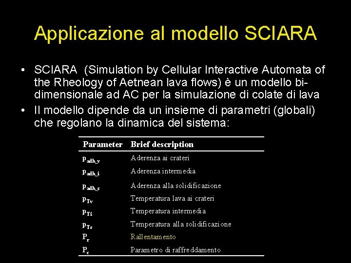 Applicazione al modello SCIARA • SCIARA (Simulation by Cellular Interactive Automata of the Rheology