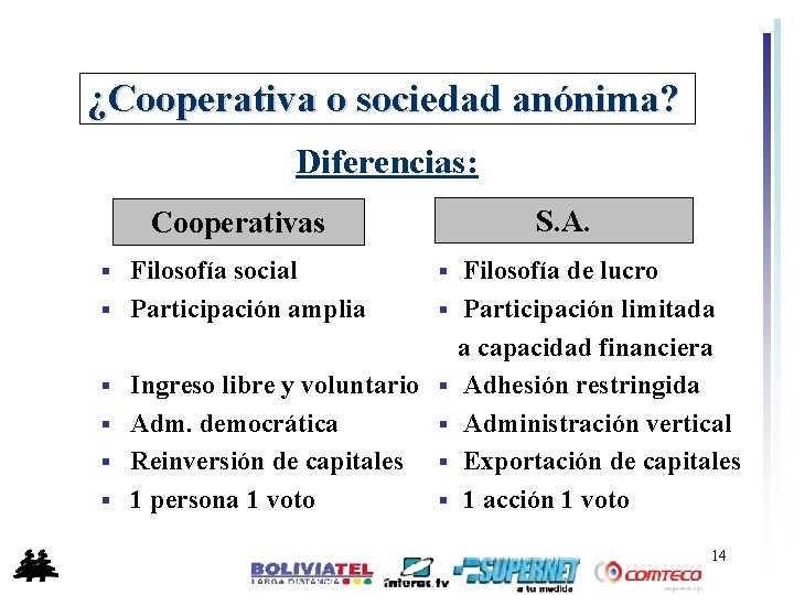 ¿Cooperativa o sociedad anónima? Diferencias: S. A. Cooperativas Filosofía social § Participación amplia §