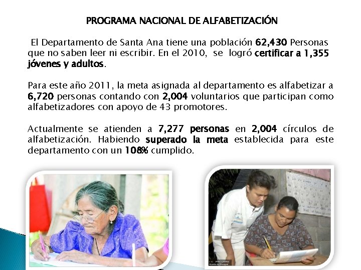  PROGRAMA NACIONAL DE ALFABETIZACIÓN El Departamento de Santa Ana tiene una población 62,