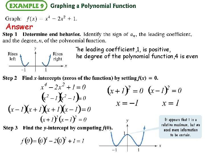 Answer The leading coefficient, 1, is positive, the degree of the polynomial function, 4 Answer The leading coefficient, 1, is positive, the degree of the polynomial function, 4