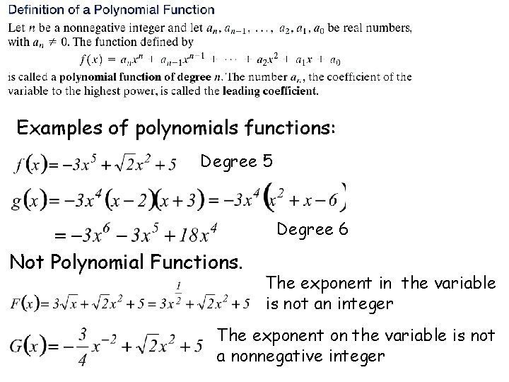 Examples of polynomials functions: Degree 5 Degree 6 Not Polynomial Functions. The exponent in Examples of polynomials functions: Degree 5 Degree 6 Not Polynomial Functions. The exponent in