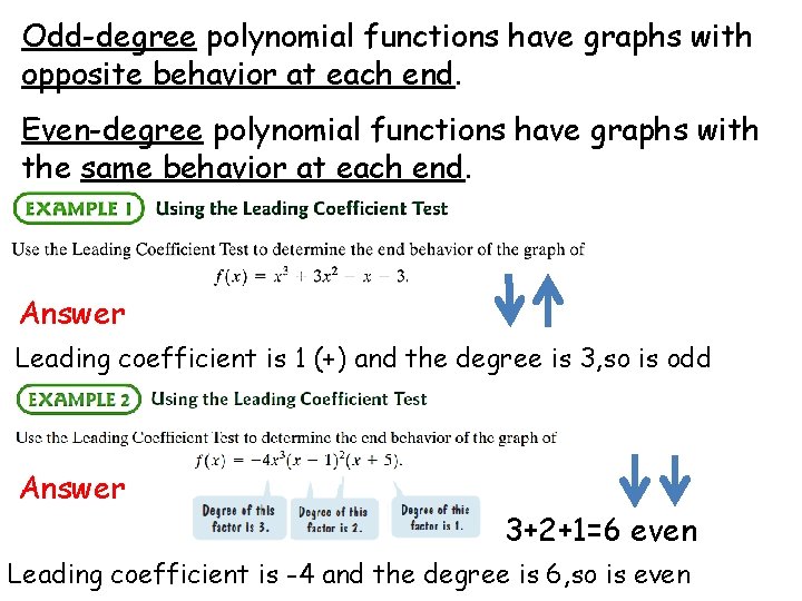 Odd-degree polynomial functions have graphs with opposite behavior at each end. Even-degree polynomial functions Odd-degree polynomial functions have graphs with opposite behavior at each end. Even-degree polynomial functions