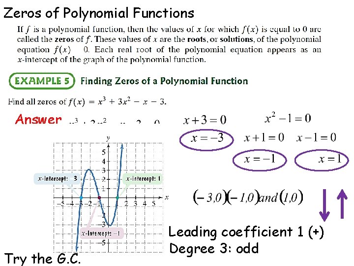 Zeros of Polynomial Functions Answer Try the G. C. Leading coefficient 1 (+) Degree Zeros of Polynomial Functions Answer Try the G. C. Leading coefficient 1 (+) Degree