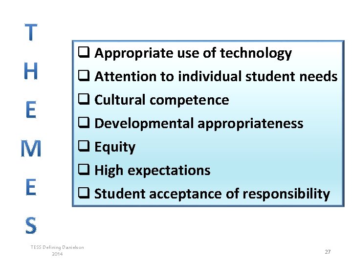 q Appropriate use of technology q Attention to individual student needs q Cultural competence q Appropriate use of technology q Attention to individual student needs q Cultural competence