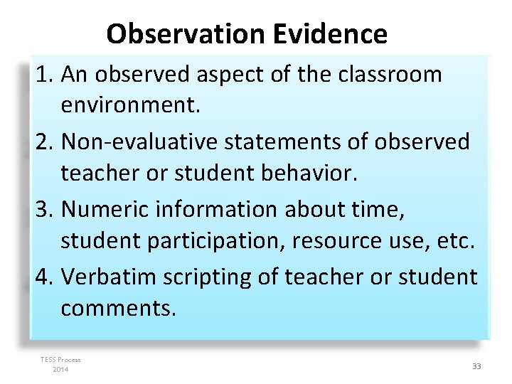 Observation Evidence 1. An observed aspect of the classroom environment. 2. Non-evaluative statements of Observation Evidence 1. An observed aspect of the classroom environment. 2. Non-evaluative statements of