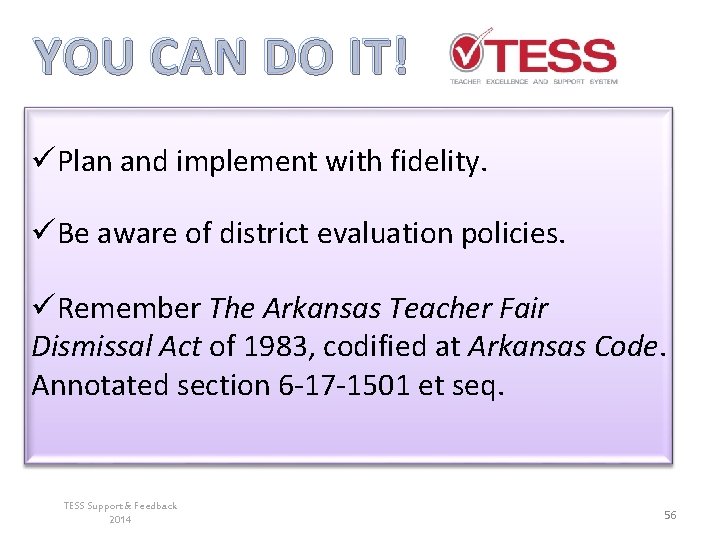 YOU CAN DO IT! üPlan and implement with fidelity. üBe aware of district evaluation YOU CAN DO IT! üPlan and implement with fidelity. üBe aware of district evaluation