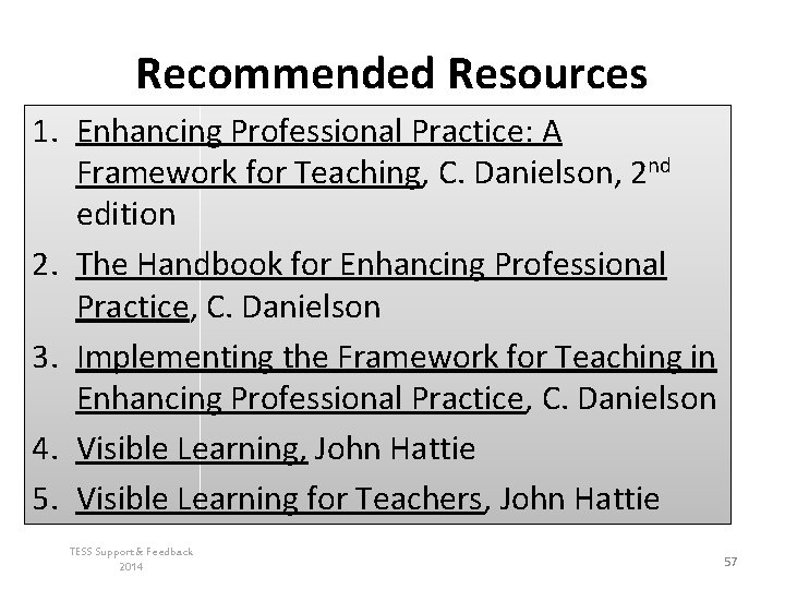 Recommended Resources 1. Enhancing Professional Practice: A Framework for Teaching, C. Danielson, 2 nd Recommended Resources 1. Enhancing Professional Practice: A Framework for Teaching, C. Danielson, 2 nd