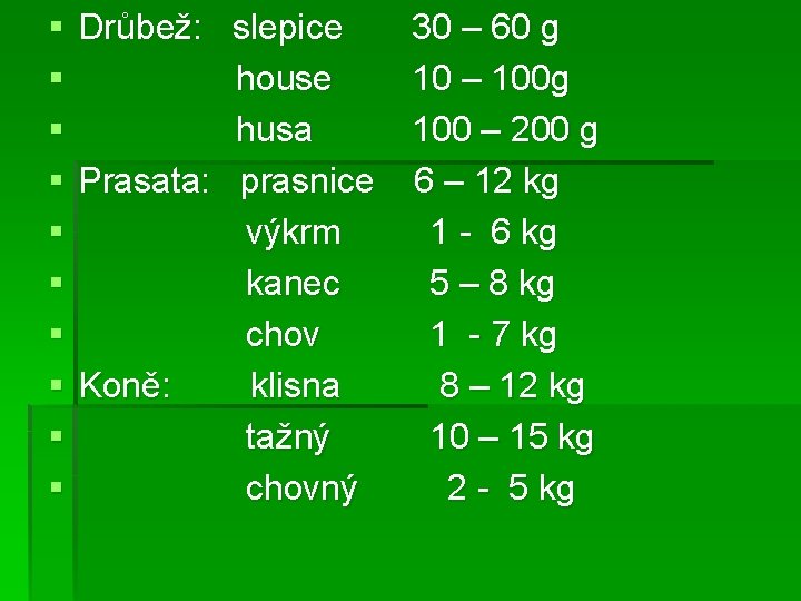 § § § § § Drůbež: slepice 30 – 60 g house 10 –