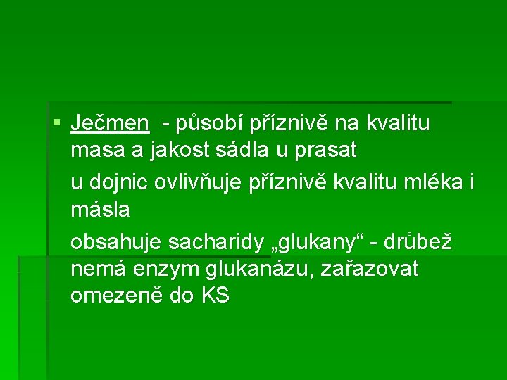 § Ječmen - působí příznivě na kvalitu masa a jakost sádla u prasat u