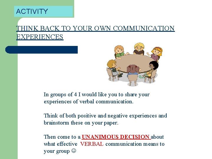 ACTIVITY THINK BACK TO YOUR OWN COMMUNICATION EXPERIENCES In groups of 4 I would