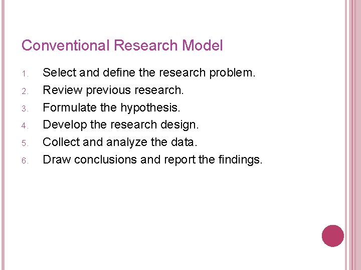 Conventional Research Model 1. 2. 3. 4. 5. 6. Select and define the research