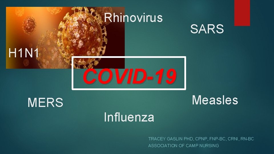 Rhinovirus SARS H 1 N 1 COVID-19 Measles MERS Influenza TRACEY GASLIN PHD, CPNP,