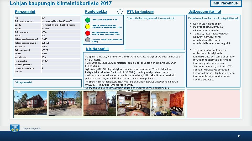 Lohjan kaupungin kiinteistökortisto 2017 Kuntoluokka Perustiedot N: o 201 Rakennuksen nimi Nummen kylätalo 444