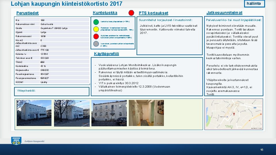 Lohjan kaupungin kiinteistökortisto 2017 Kuntoluokka Perustiedot N: o 189 Rakennuksen nimi Sokerikuutio Osoite Sepänkatu