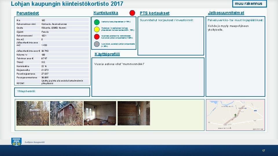 Lohjan kaupungin kiinteistökortisto 2017 Kuntoluokka Perustiedot N: o 192 Rakennuksen nimi Korkeela, Asuinrakennus Osoite