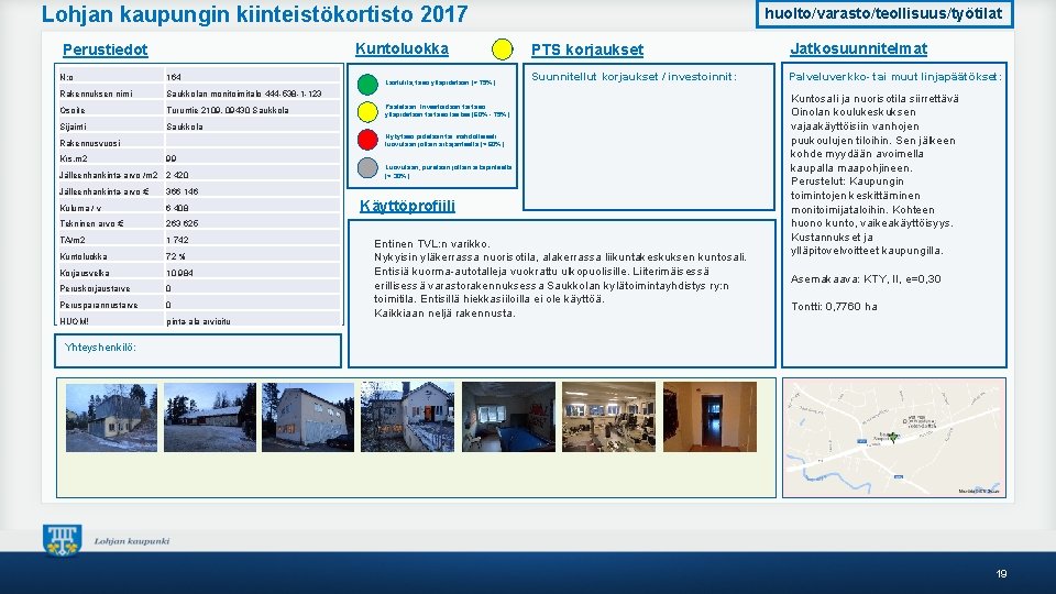 Lohjan kaupungin kiinteistökortisto 2017 Kuntoluokka Perustiedot N: o 164 Rakennuksen nimi Saukkolan monitoimitalo 444