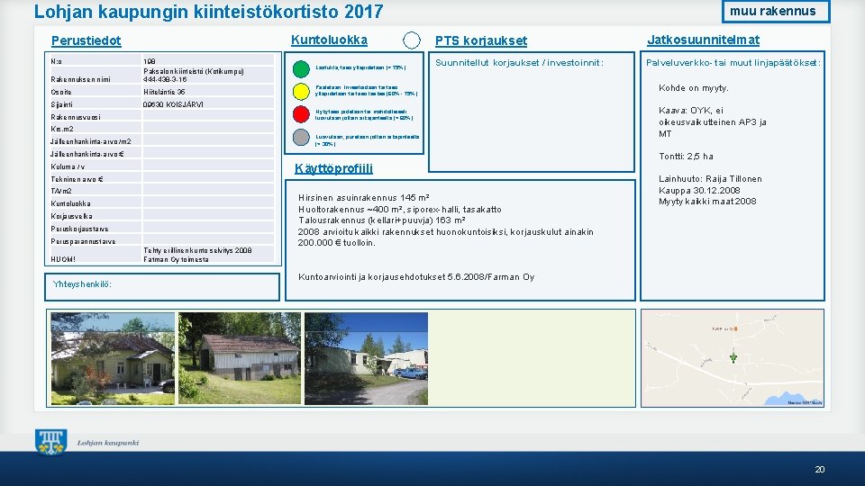 Lohjan kaupungin kiinteistökortisto 2017 Kuntoluokka Perustiedot N: o Rakennuksen nimi 198 Paksalon kiinteistö (Kotikumpu)