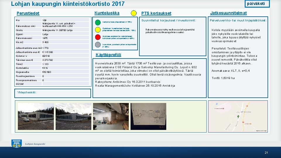 Lohjan kaupungin kiinteistökortisto 2017 Kuntoluokka Perustiedot N: o Rakennuksen nimi 109 Maksjoentie 11, ent.